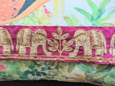 Maroon Art Silk Fabric Trim With Intricate Elephant Embroidery Antique Gold, Saree Border, Lace Trim